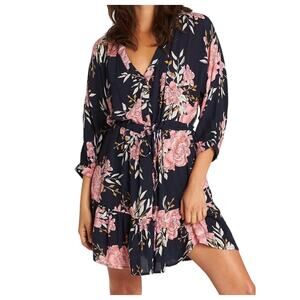 Billabong Marry Mine Floral Mini Dress Blue Pink Boho Drawstring Waist Rayon M